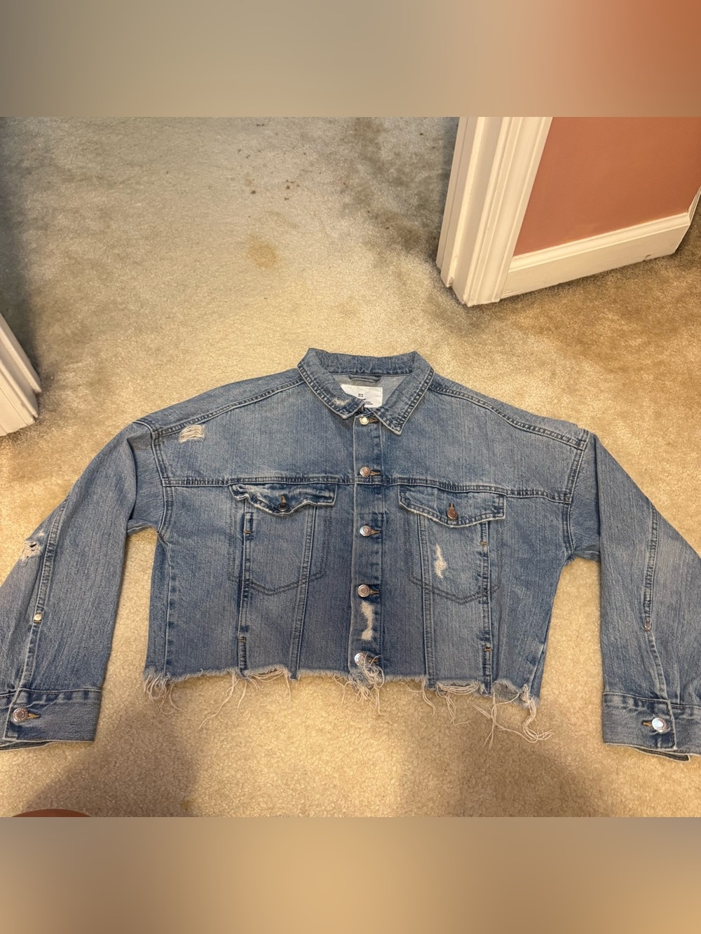 H&M Distressed Light Blue Cropped Denim Jacket